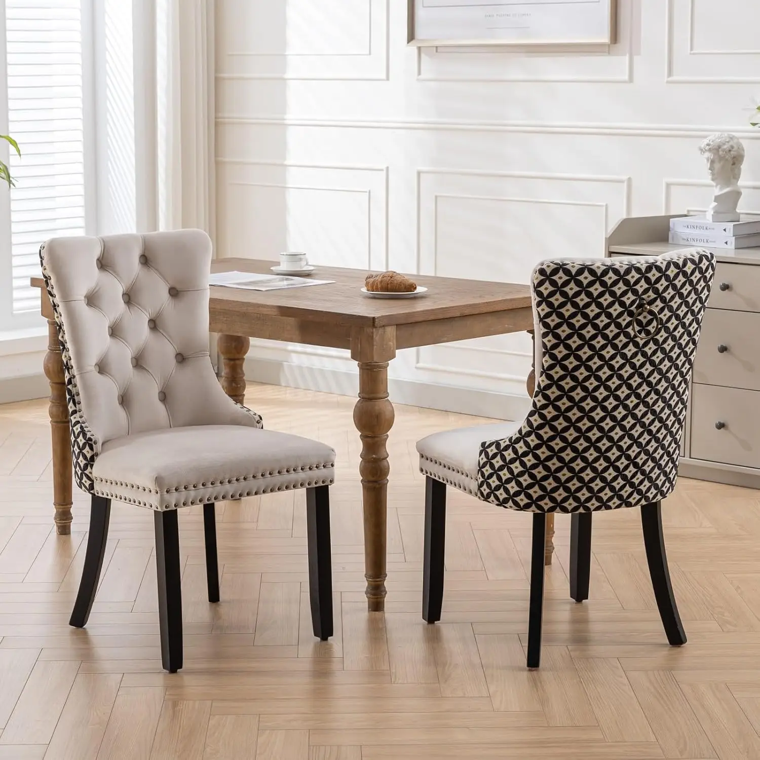 Velvet Upholstered Wood Dining Chairs Set of 6 Beige Patterned, Customized