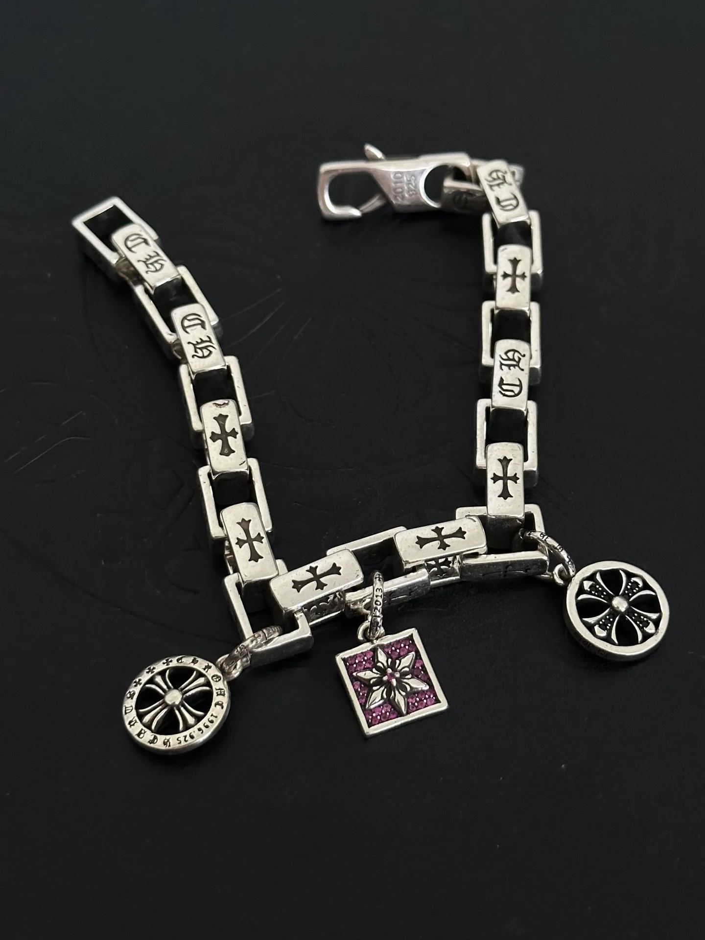 S925 sterling silver charm retro old round brand cross coupling light luxury CH bracelet daily versatile European and American