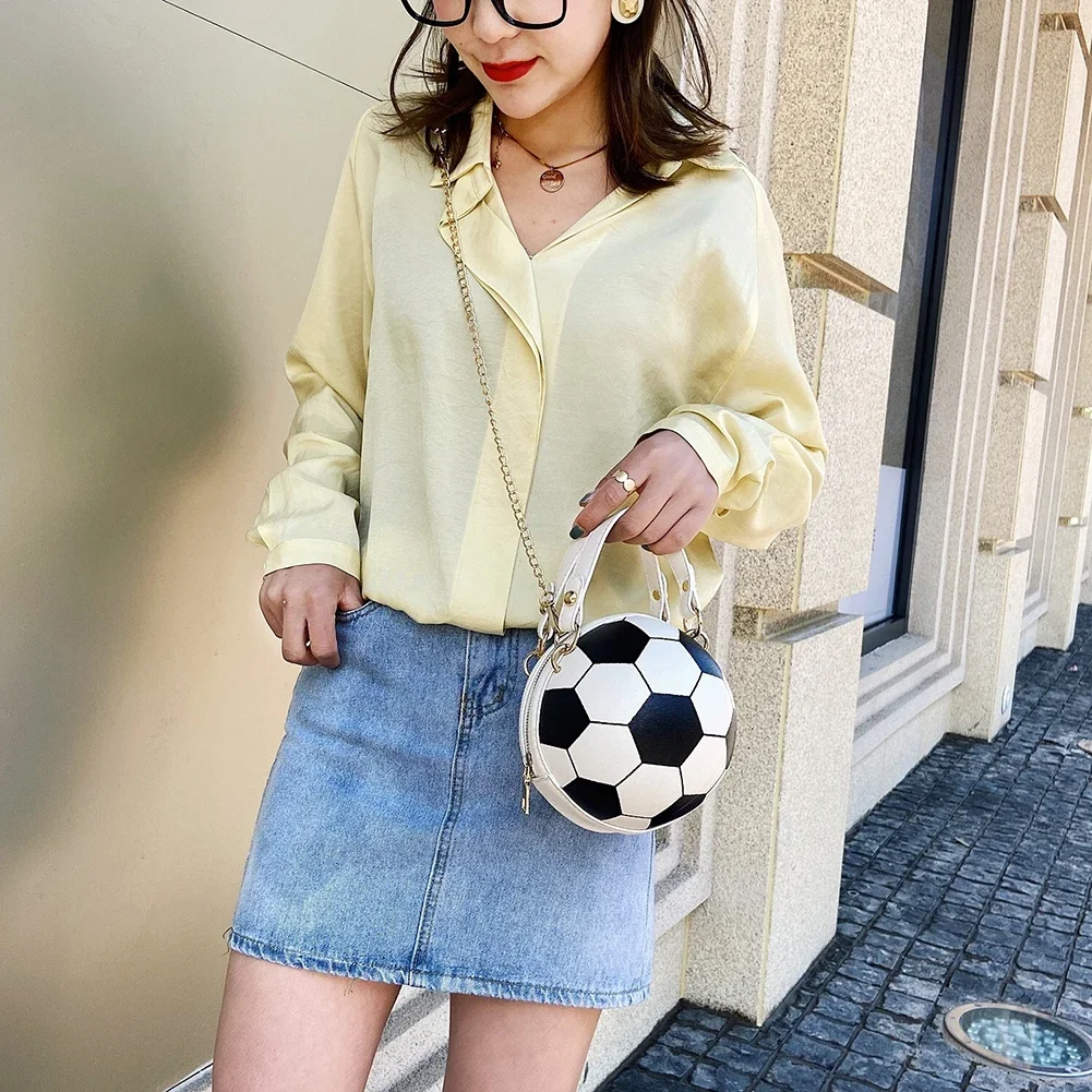 Fashion Basketball Football Round Shaped Shoulder Bags for Women Chain Casual Zipper Totes Purse PU Leather Messenger Crossbody
