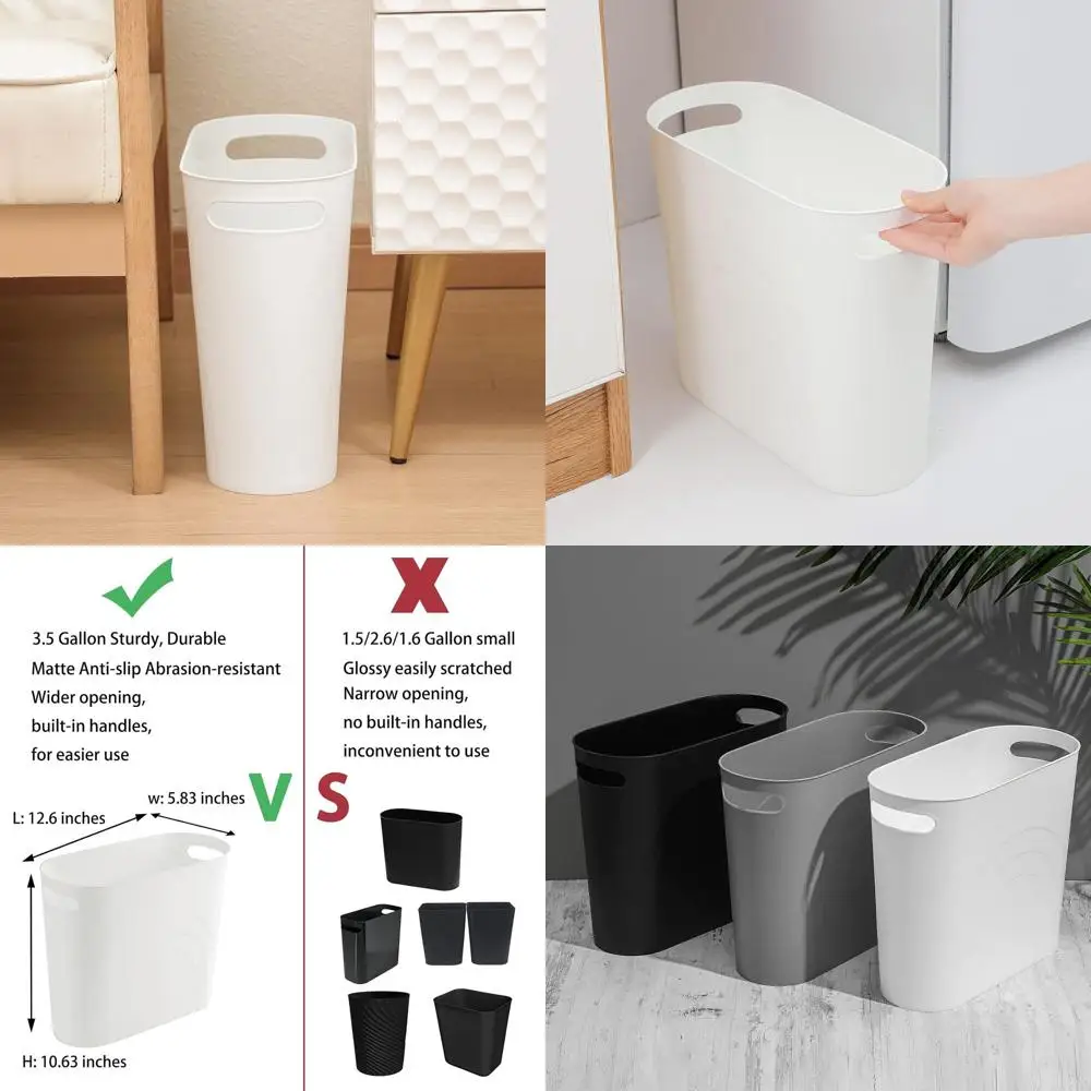 

Compact 3.5-Gallon Plastic Trash Bin with Handles for Home, 2-Pack White