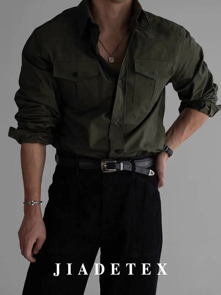 Military Green Cargo Shirt Jacket for Men Tough Style Double Pockets Autumn Spring High End Outerwear