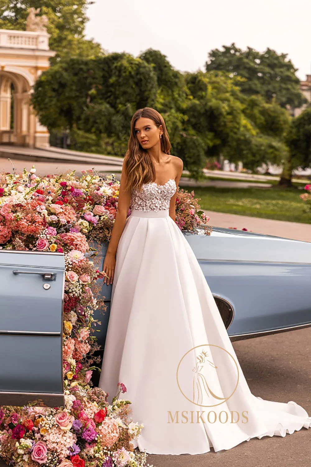 Msikoods A Line Abiti da sposa Donna Applicazioni in pizzo Senza spalline Abito da sposa da sposa 2025 Abito da sposa lungo Boho in raso personalizzato