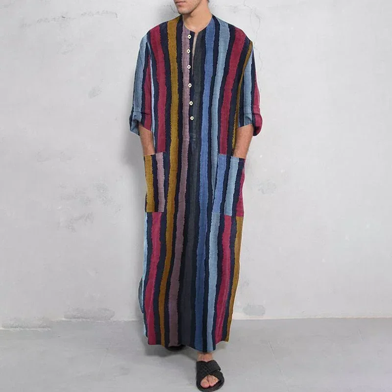 2024 Striped Printed Men's Muslim Long Sleeve Cotton Robes Summer Male Islamic Arabian Kaftan Suit Middle East Dubai Abaya Retro