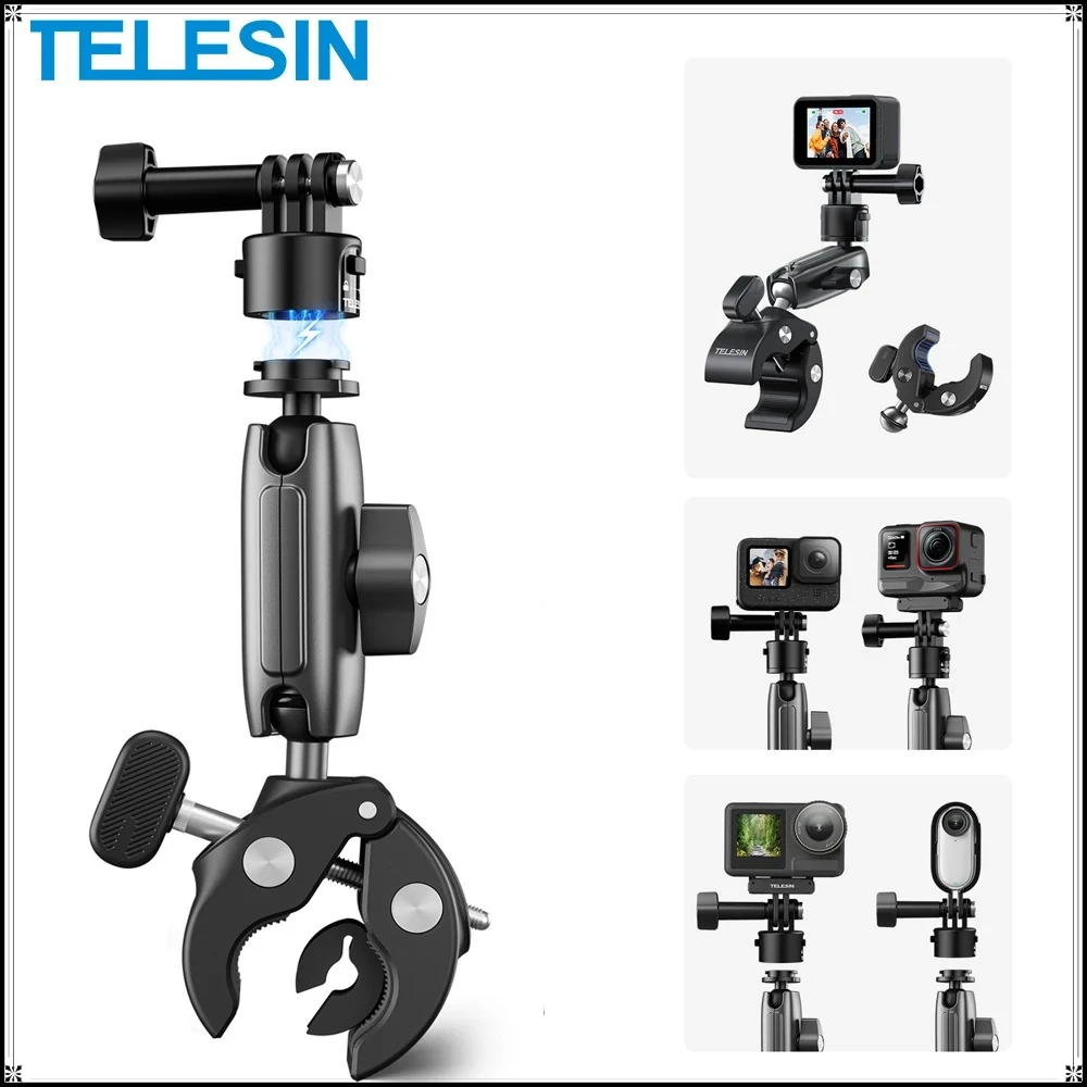 TELESIN Quick Release Cycling Motorcycle Clip Magic Arm 360° Aluminum Alloy Super Clamp For GoPro 13 12 11 DJI Action 5 4 Camera