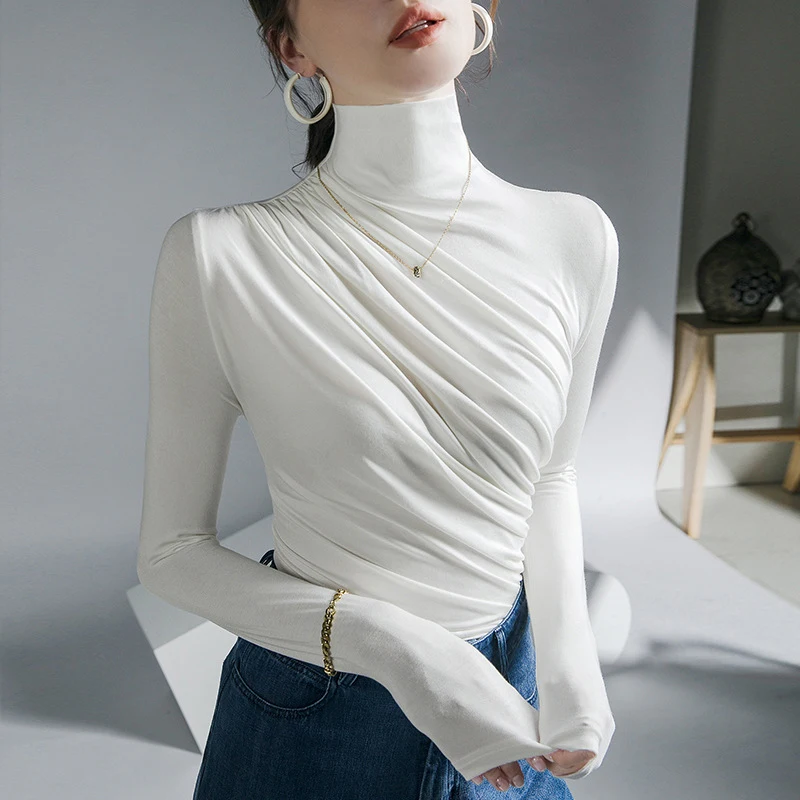 Turtleneck White Women T Shirts Korean Elegant Folds Slim Long Sleeve Female Casual Tees Autumn New All Match Chic Ladies Tops