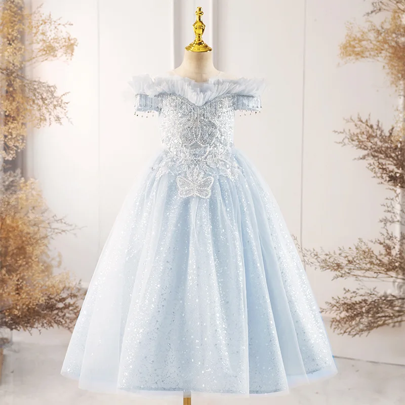 

Customized Sky Blue Baby Flower Girl Dresses Sequins Pearls Tassel Children Prom Birthday Party Gowns