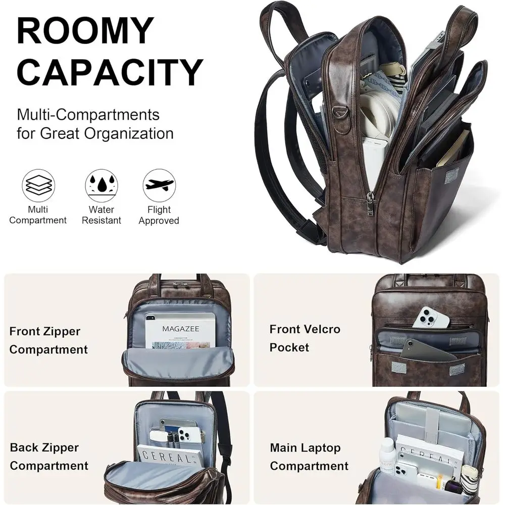 Sac à dos pour ordinateur portable Shrrie pour femmes et hommes, 15,6 pouces, en cuir végétalien, sac à dos professionnel résistant à l'eau, sac à dos décontracté pour la journée ou pour le travail