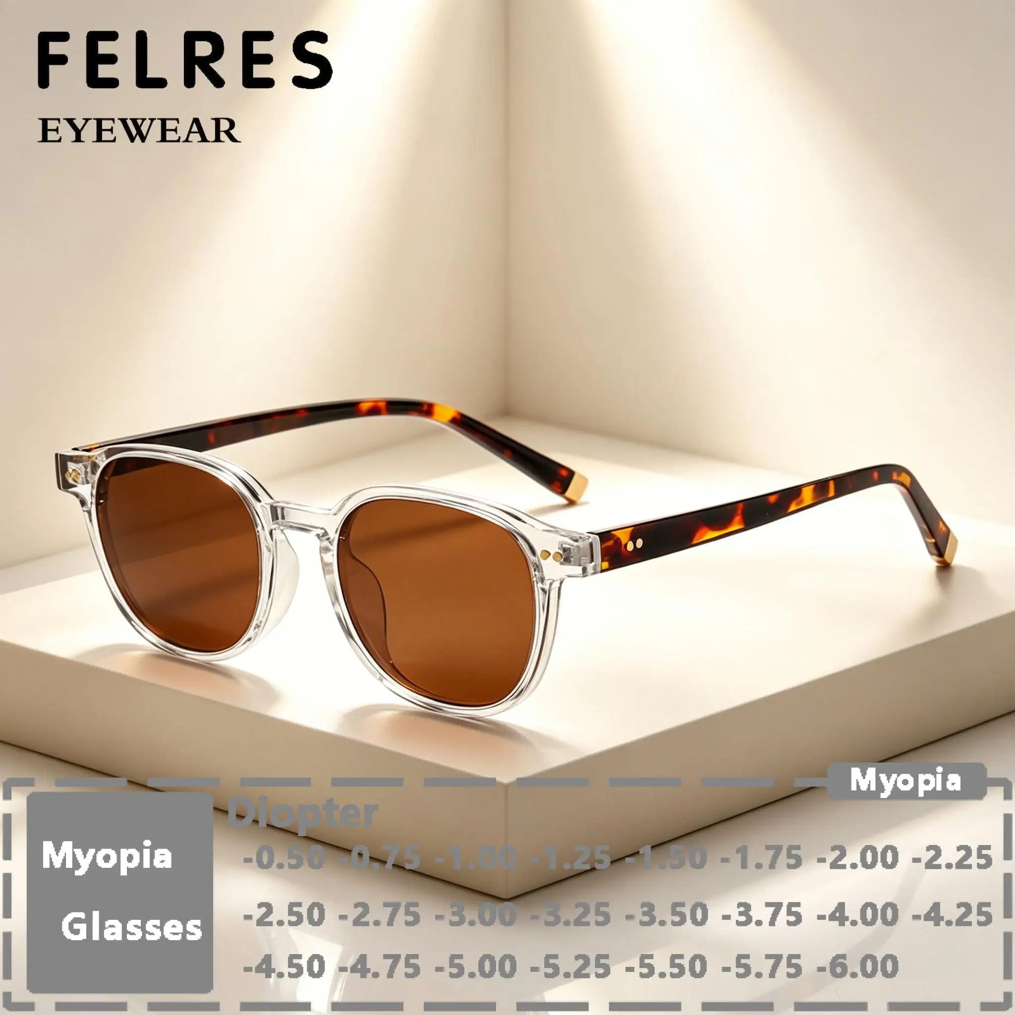 Round Vintage Tea Myopia Sunglasses Men Women Tinted Prescription Nearsighted Eyewear Outdoor Shade Glasses Negative Diopter