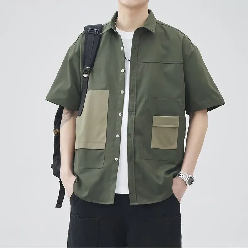 2025  New Fashion Summer Men's Color-coded Turn-down Collar Half Sleeve Spliced Casual Trendy Shirts Male Loose Clothes Tops