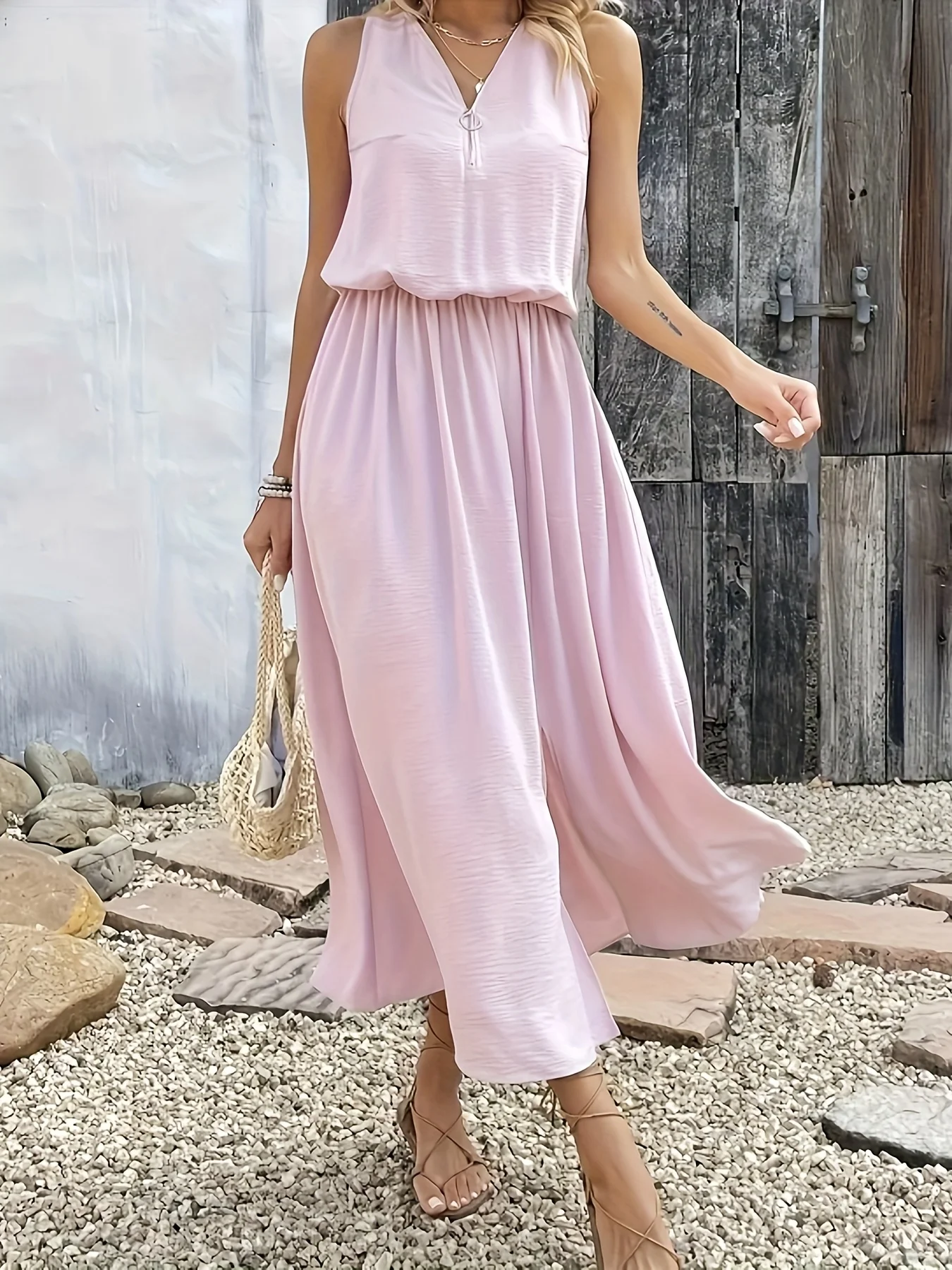 

Plus Size Women's Light Pink Sleeveless V-Neck Smocked Waist Maxi Dress - Soft Casual Vacation Daily Style (0XL-4XL)