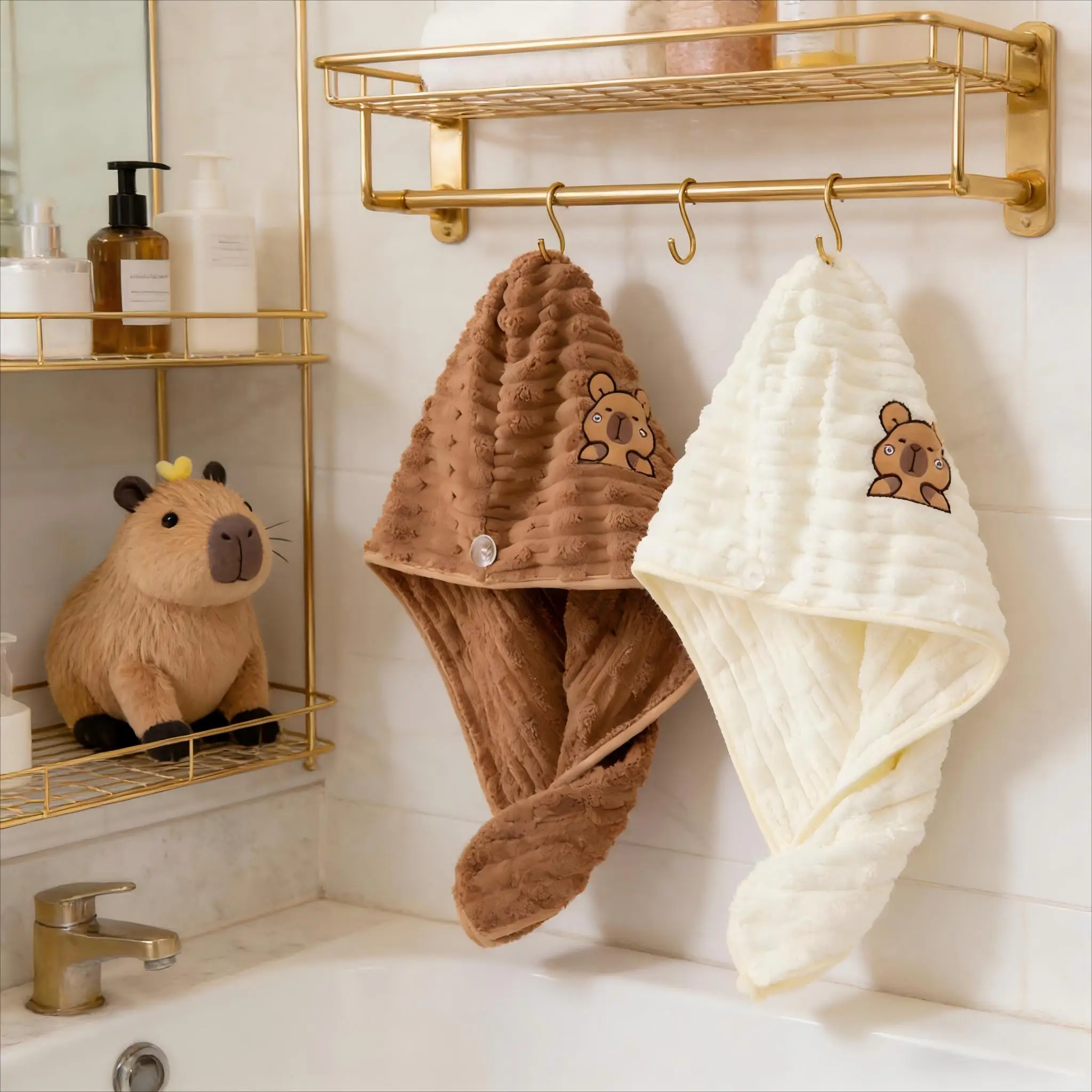 2-Pack Capybara-Shaped Hair Drying Cap - Made of Thick Coral Fleece, Suitable for Wrapping and Towel Use, Quick-Drying and Water-Absorbing Capybara Hooded Hair Drying Towel, Special Cap for Swimming, Spa, and Bathing - Soft Coral Fleece Material