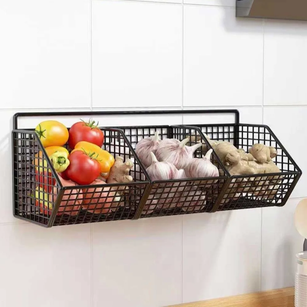 

Wall Mounted Kitchen Storage Basket Carbon Steel Punch-Free Vegetable Fruit Storage Rack Grid Onion Ginger Garlic Shelf