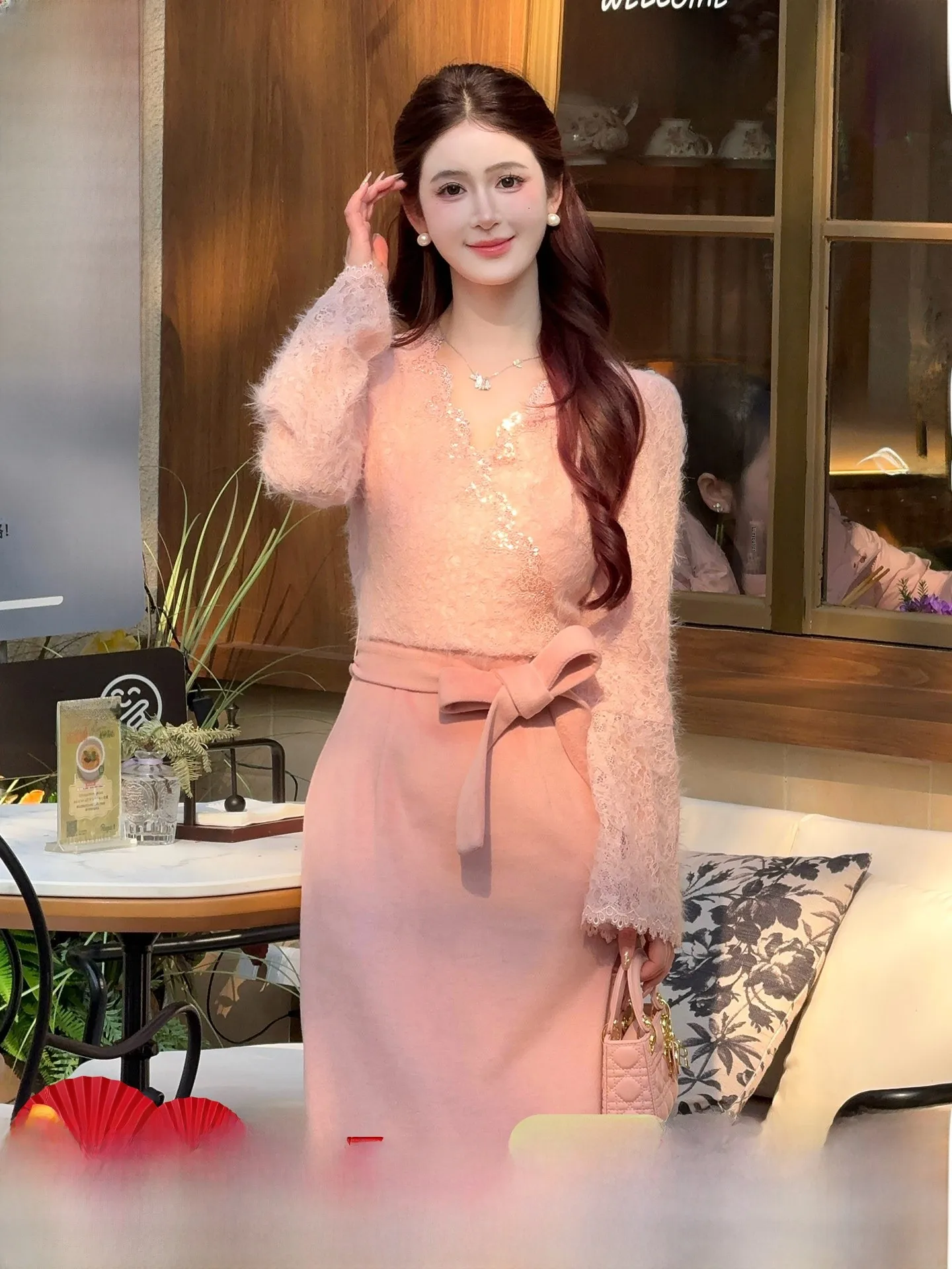 

LILI Korean Sle Soft Mist Peach Long Dr Autumn Winter Pink Splice Skirt High Waist Invisible Zipper A-Line Dr