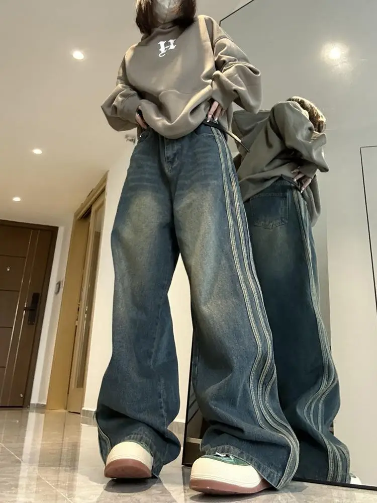 

Fashion Side Stripe Design Micro flared Women 2023 Autumn Winter High waist Loose Wide Jeans Trend