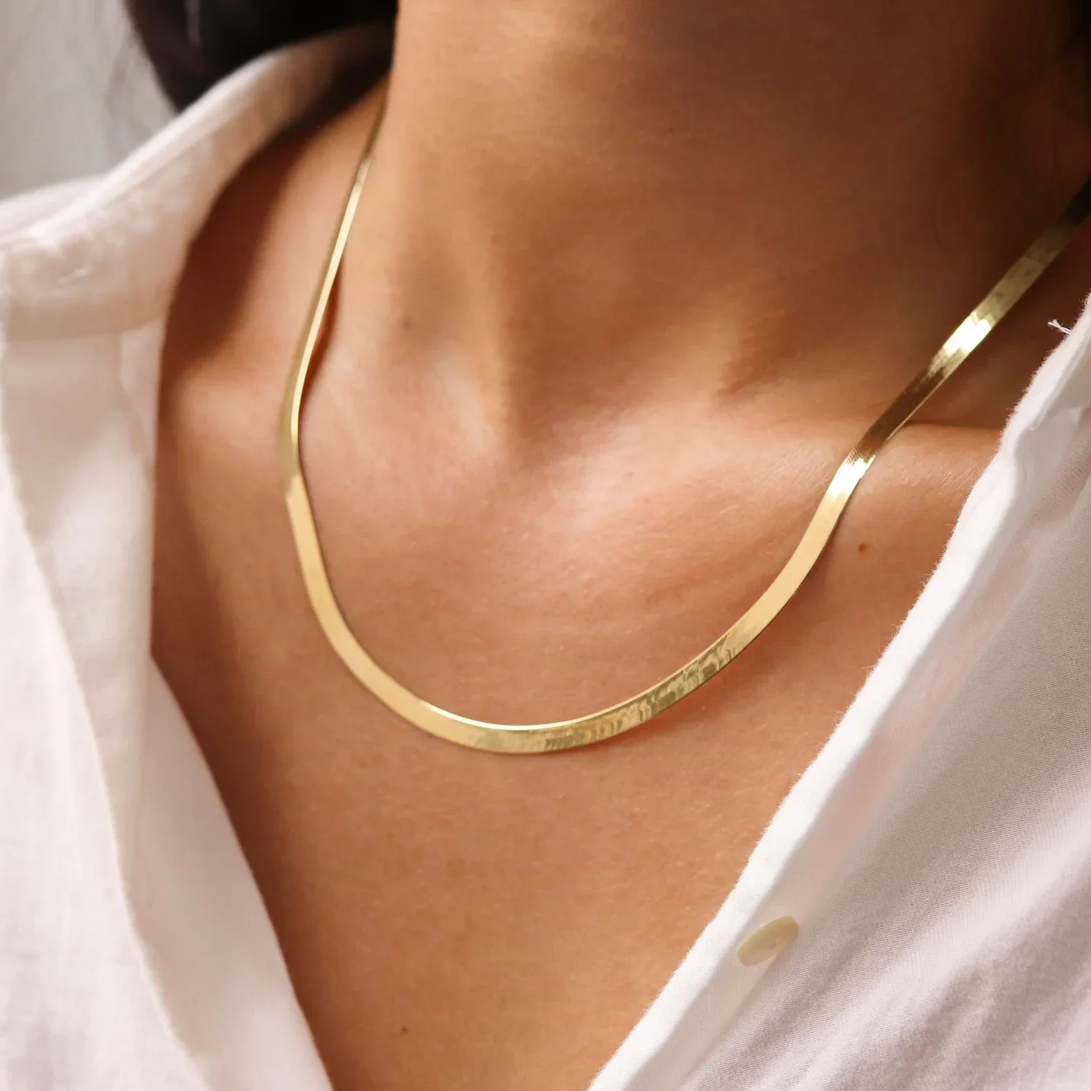 Minimalist Unisex Snake Chain Necklace Choker Stainless Steel Herringbone Gold Color Fashion Jewelry Gift For Her Women and Men