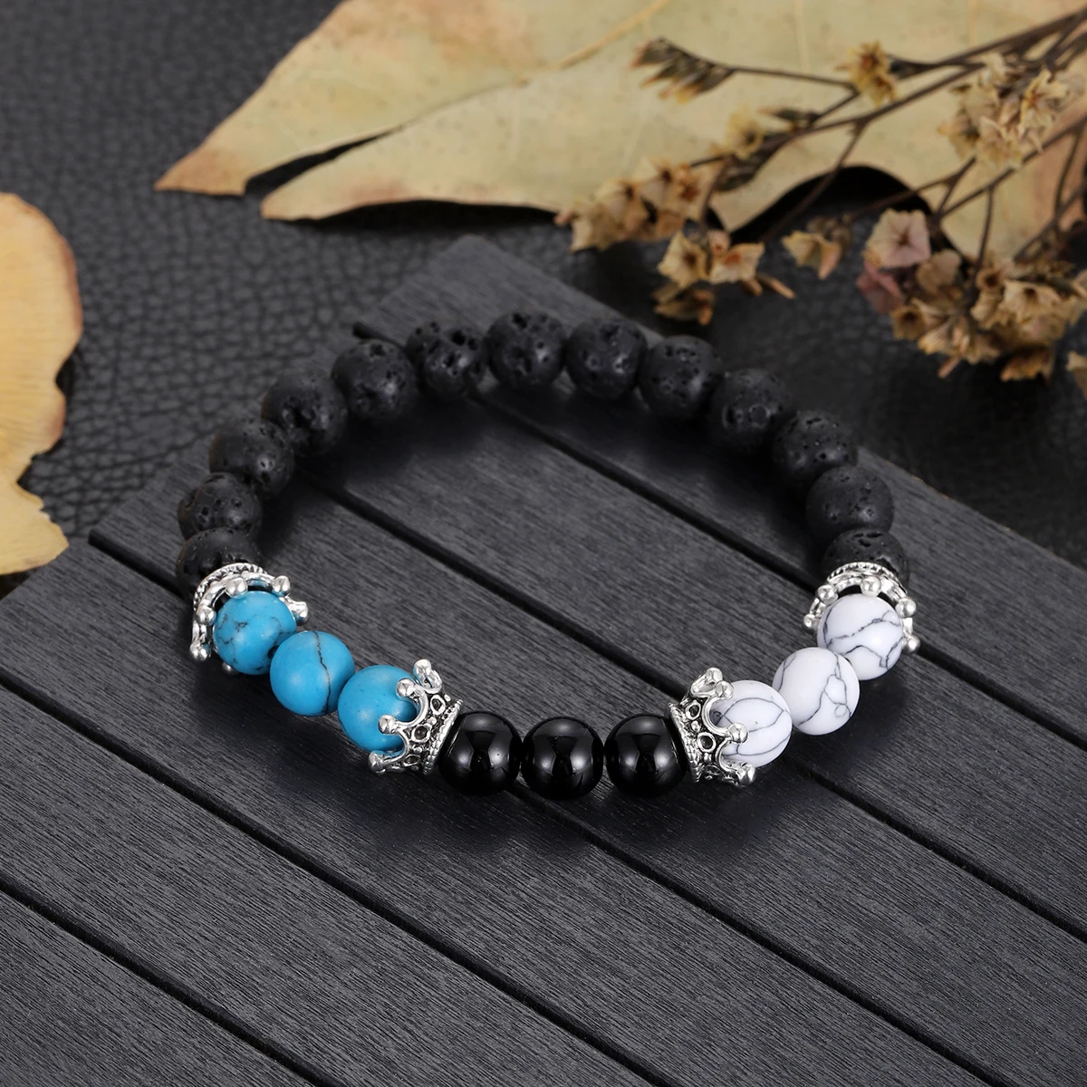 Natural Black Lava Volcanic Stone Crown Charm Bracelet Homme Femme 8mm Turquoises Obsidian Beaded Bracelets Jewelry Gifts