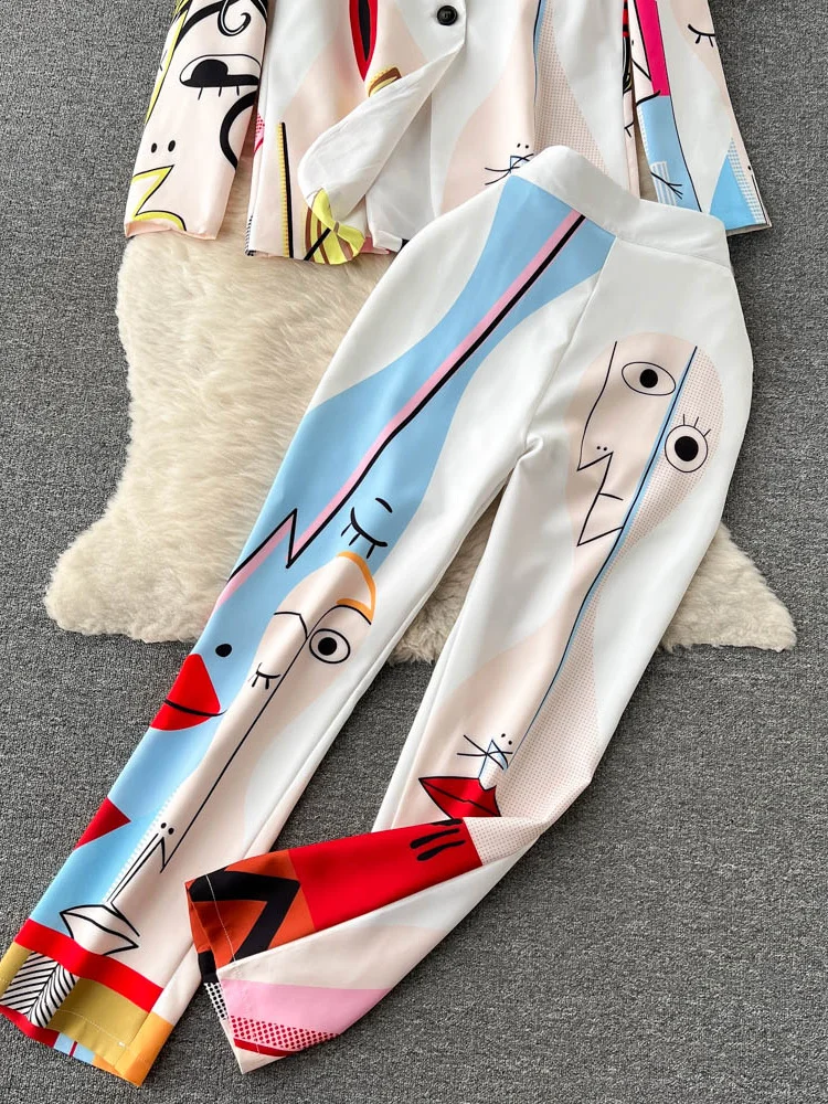 Retro Fashion Abstract Printing Blazer&Pants Two Piece Set Women outfits Professional Long Sleeve Jacket Trousers Suits Female