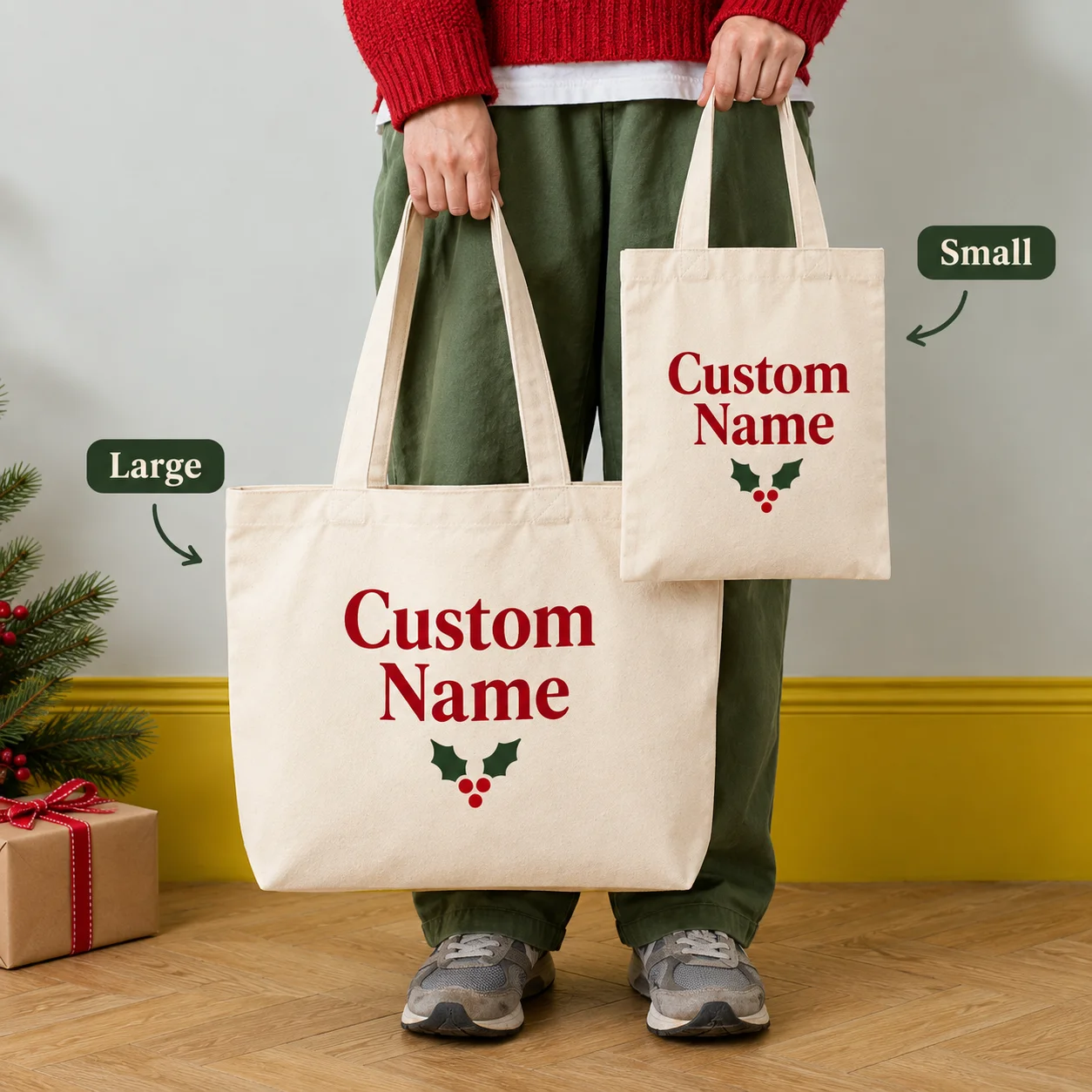 Custom Canvas Tote Bag Dual Size Personalized Name Photo Logo Reusable Holiday Shopping Carryall For Women Family Christmas Gift