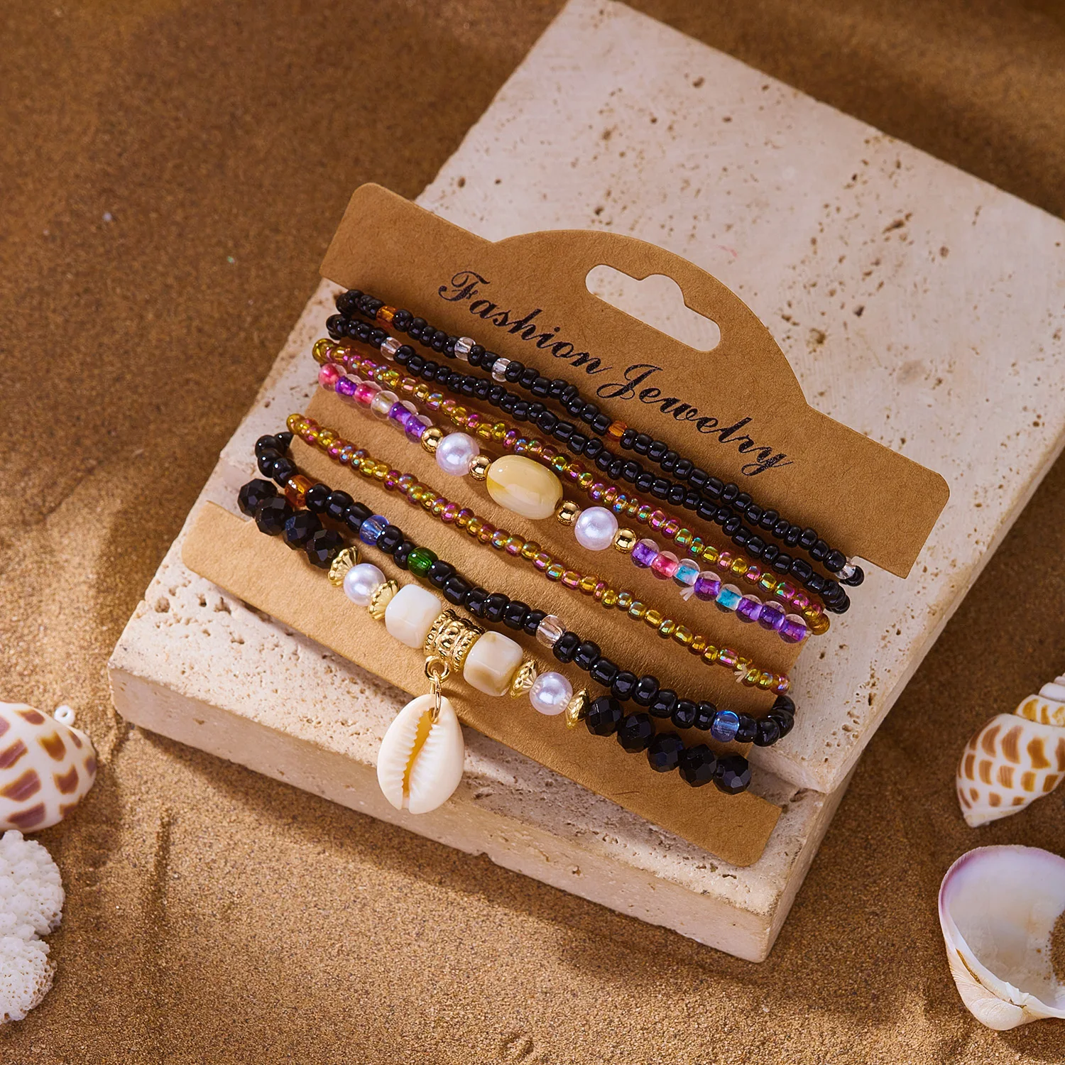 Handgefertigtes schwarzes Glasstein-Armband-Set für Frauen, böhmischer mehrschichtiger gestapelter Reis, Perlen-Gliederkette, Armreif, Modeschmuck