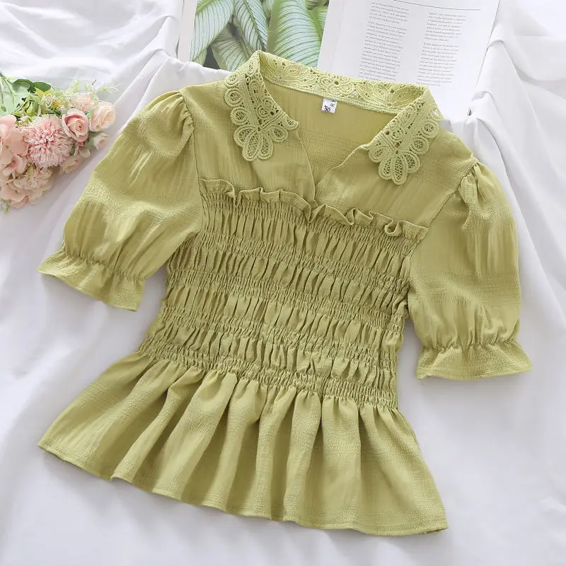 Casual All-match Fashion Solid Color Slim Blouses Women\'s Clothing Summer New Chiffon Lace Spliced Folds Ruffles Tops Shirt