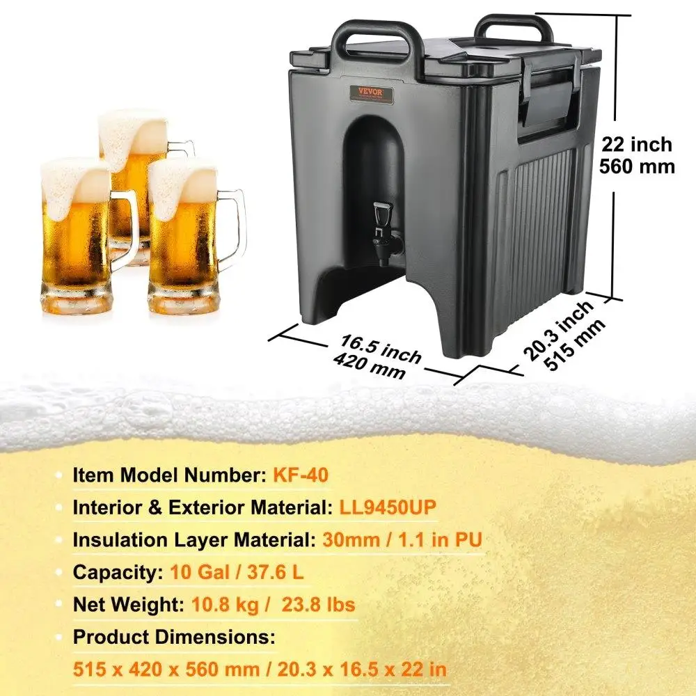 10 Gallon Insulated Beverage Dispenser, -Grade Thermal Drink Server with Dual Faucet Handle for Hot & Cold Drinks, for