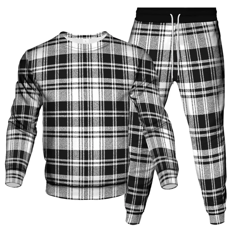 Houndstooth Lattice Pattern Print Tracksuit Men Fashion Clothing Suit Outdoor Casual Sweatshirt Jogging Pants 2 Piece Sport Sets