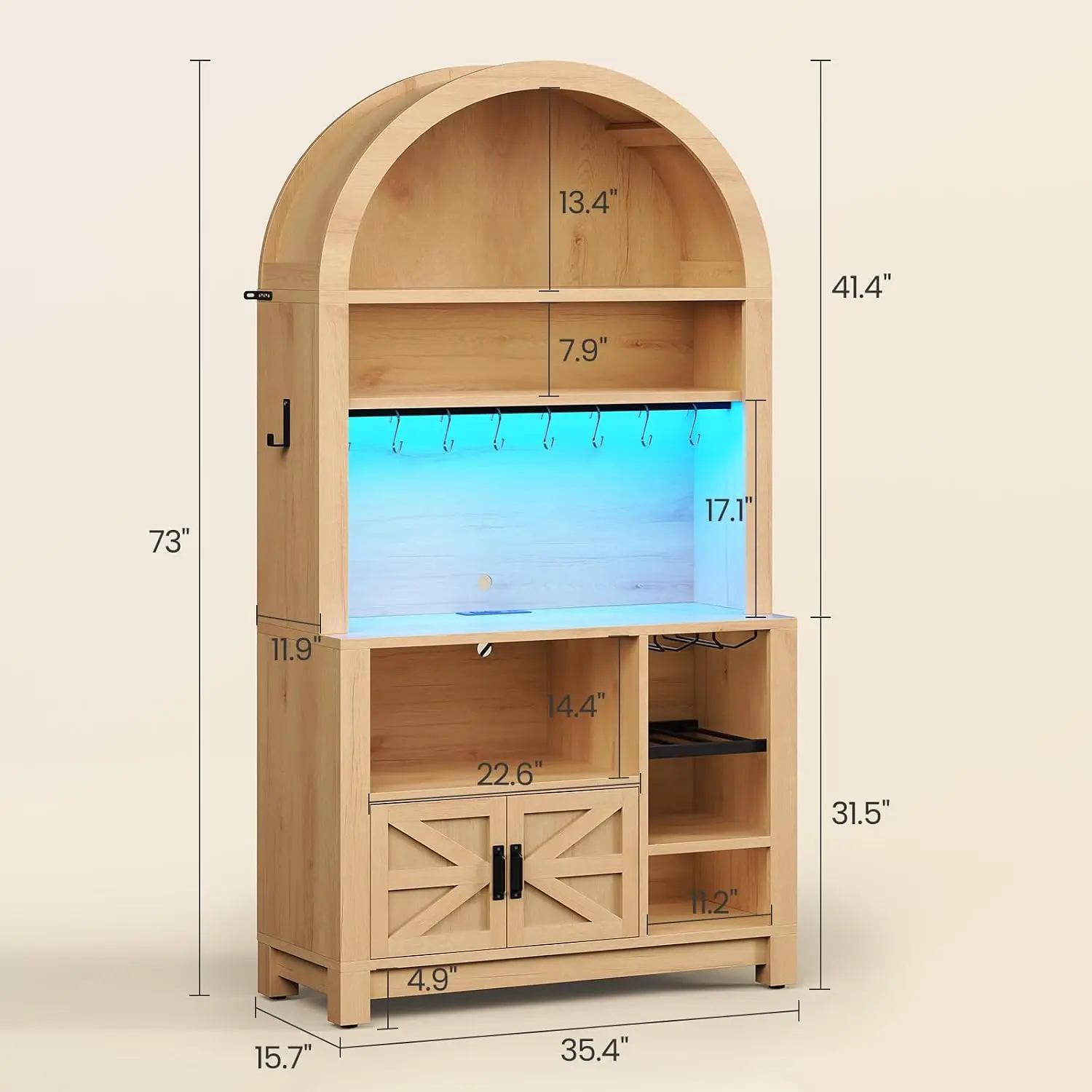 73 Tall Arched Bakers Rack with Power Outlet and LED Light Farmhouse Coffee Bar Cabinet Kitchen Microwave Stand Storage Brown