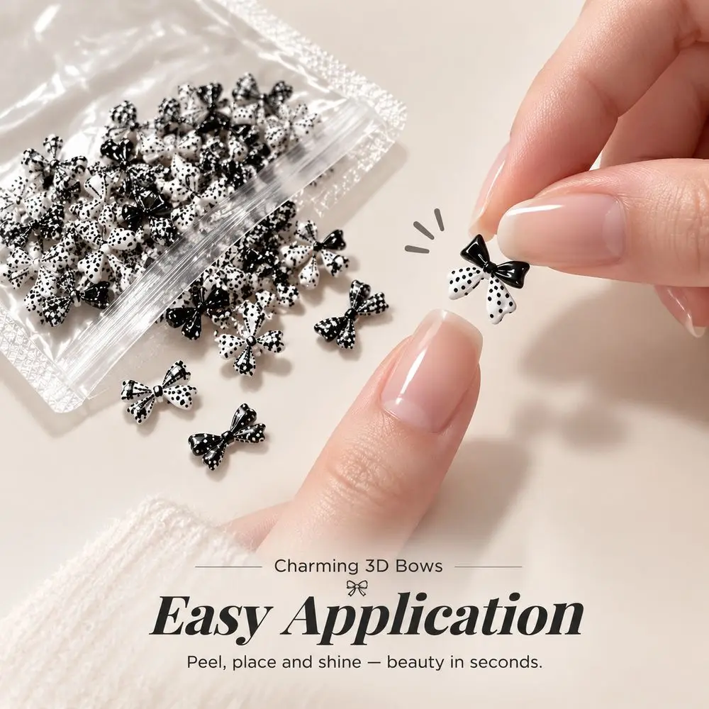 50Pcs Sweet Cool 3D Bow Nail Ornaments Black White Polka Dot Checkerboard Resin Charms For DIY Nails Decoration Accessories