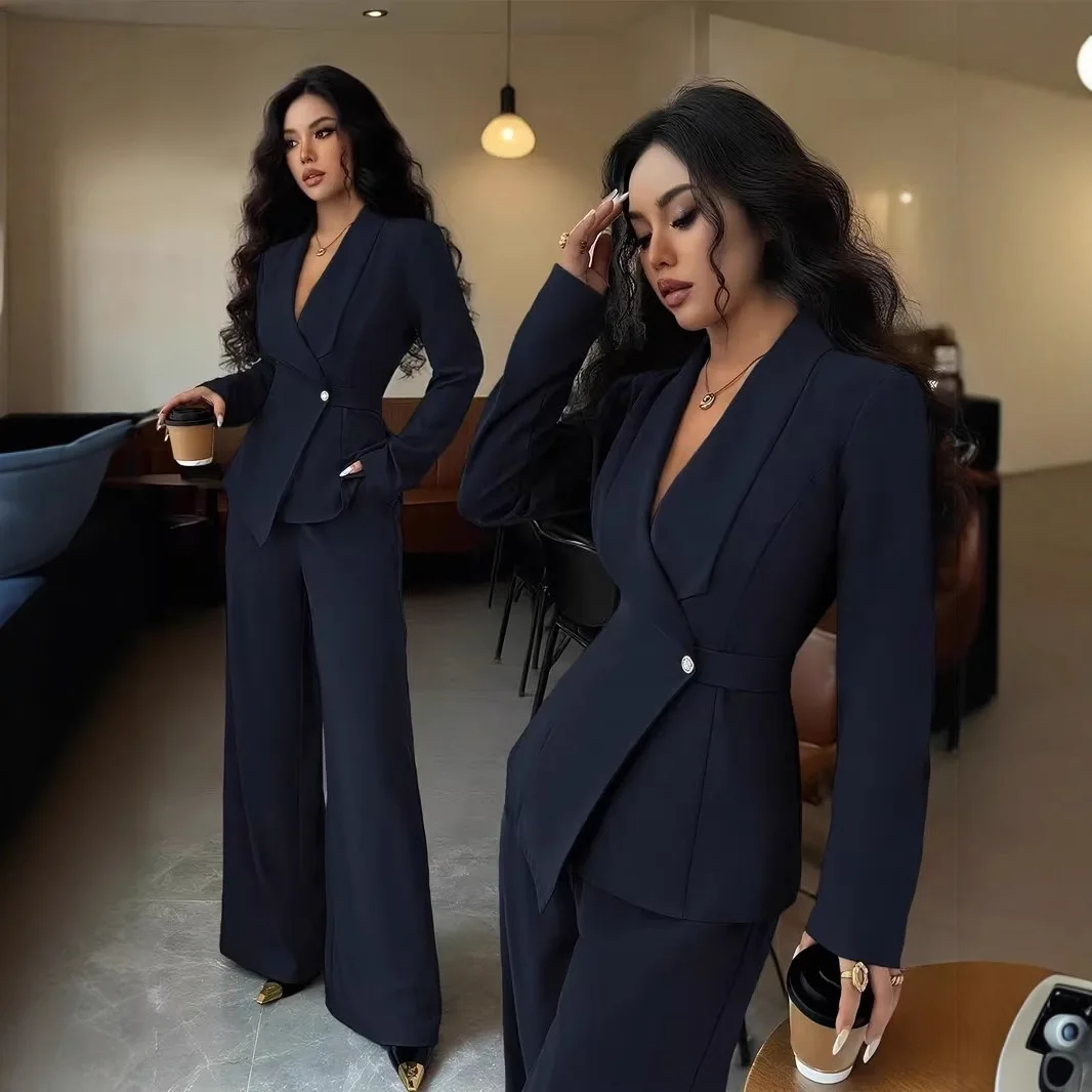 Autumn and winter fashion suit two-piece women's solid color casual suit V-neck long suit wide-leg pants