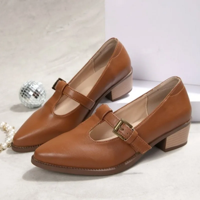

High Heels Women Pointed Toe Shoes Elegant Chunky Shoes Woman 2026 Summer New Pumps Buckle Dress Leather Shoes Mujer Zapatos