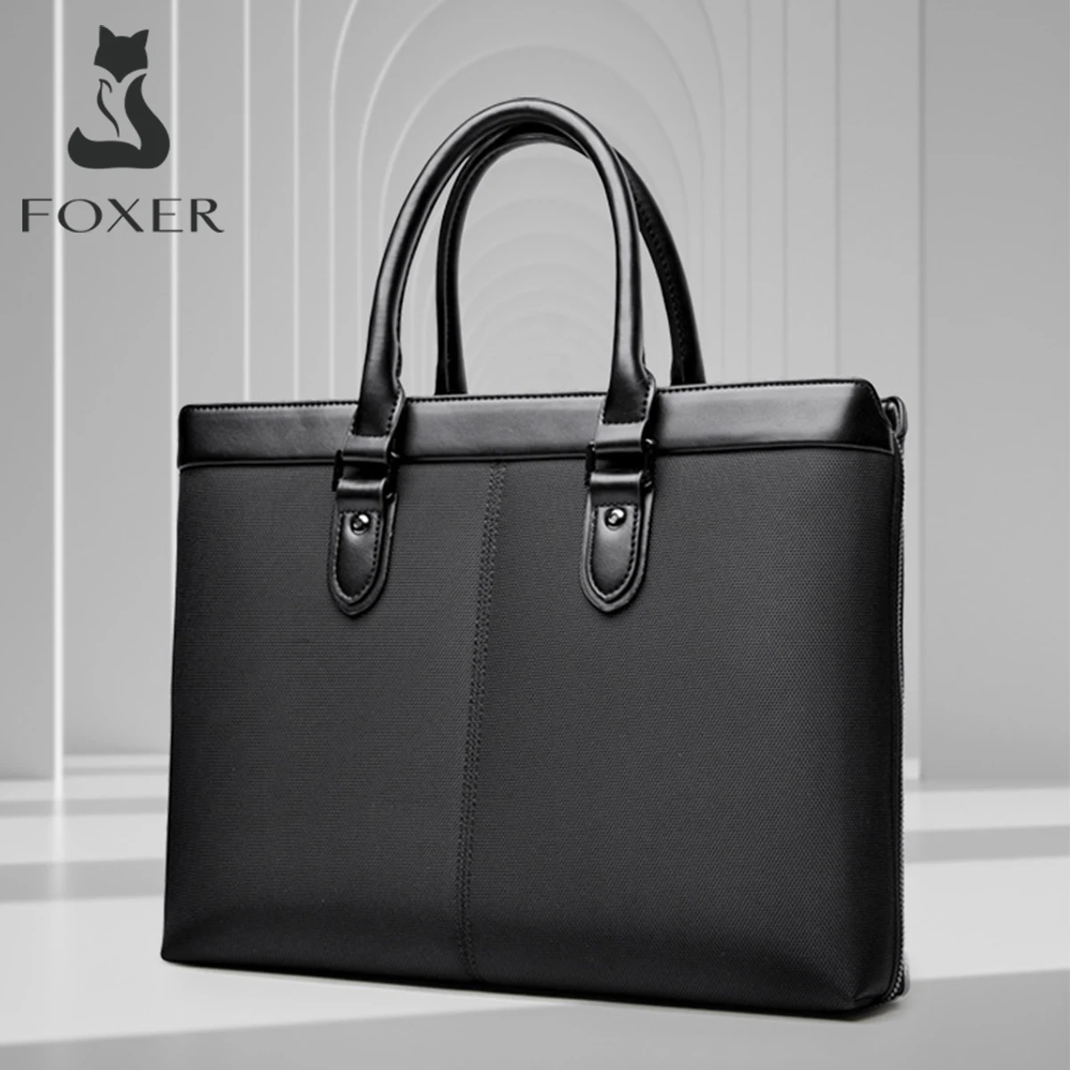 Leather Briefcase - FOXER メンズ ビジネスブリーフケース キャンバス＆レザーのコンビ素材 ラップトップバッグ オフィス用ハンドバッグ