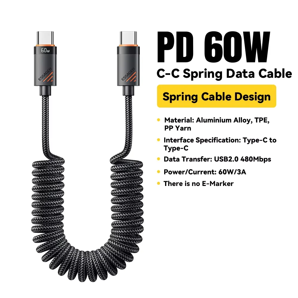 Essager Auto Lente Type C Kabel Voor iPhone 16 15 Xiaomi Samsung 100 W PD Snel Opladen Voor Macbook iPad Type C naar Type C Kabel