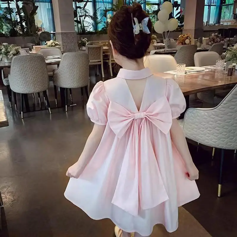 Children Bubble Sleeves Turn-down Collar Sweet Pink Back Bow A-line Dress 2024 Summer New Girl\'s Fashion Casual Dress