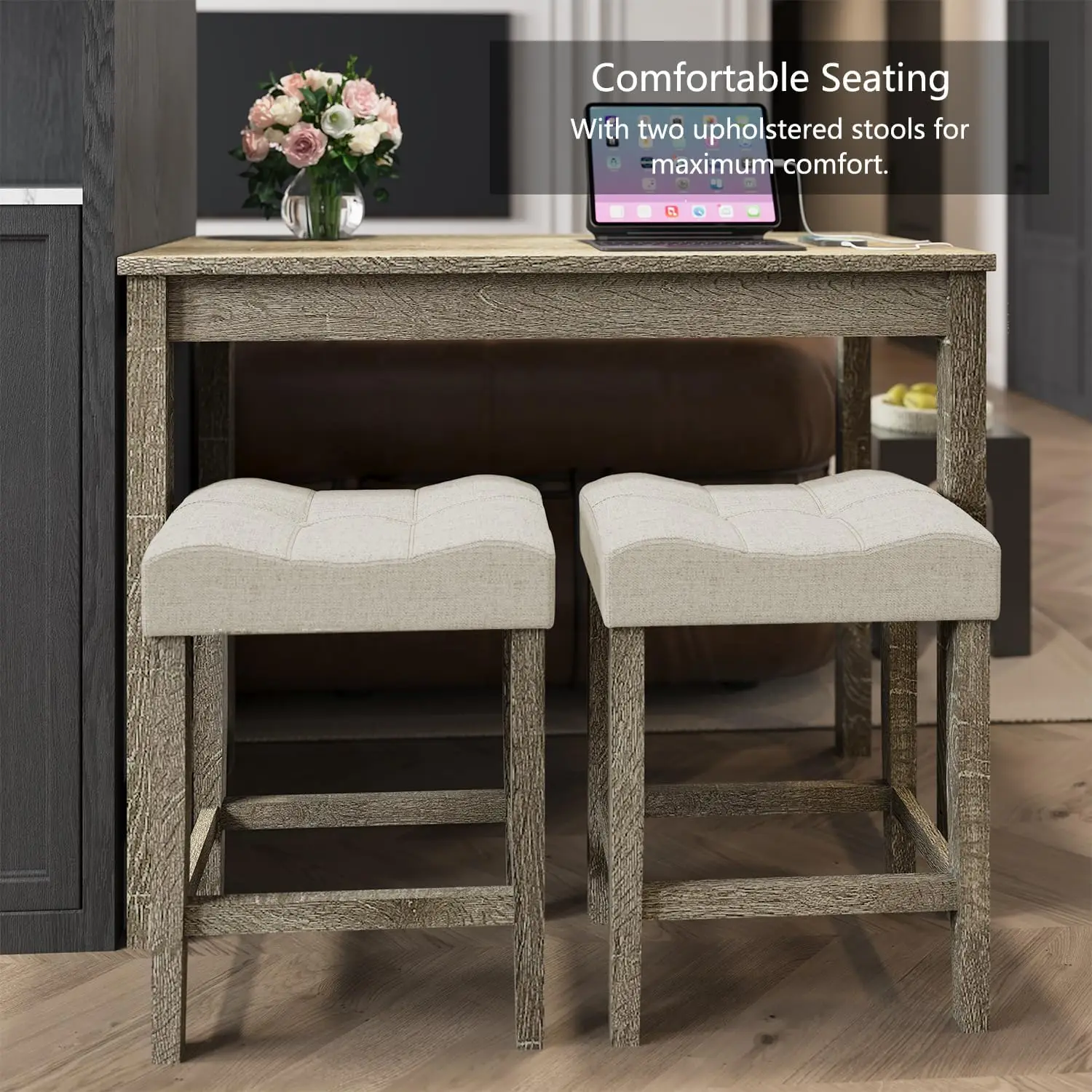 [Limited Time Offer!]3-Piece Counter Height Bar Table Set with Socket and 2 Fabric Padded Bar Stools, Tall Kitchen Breakfast Din