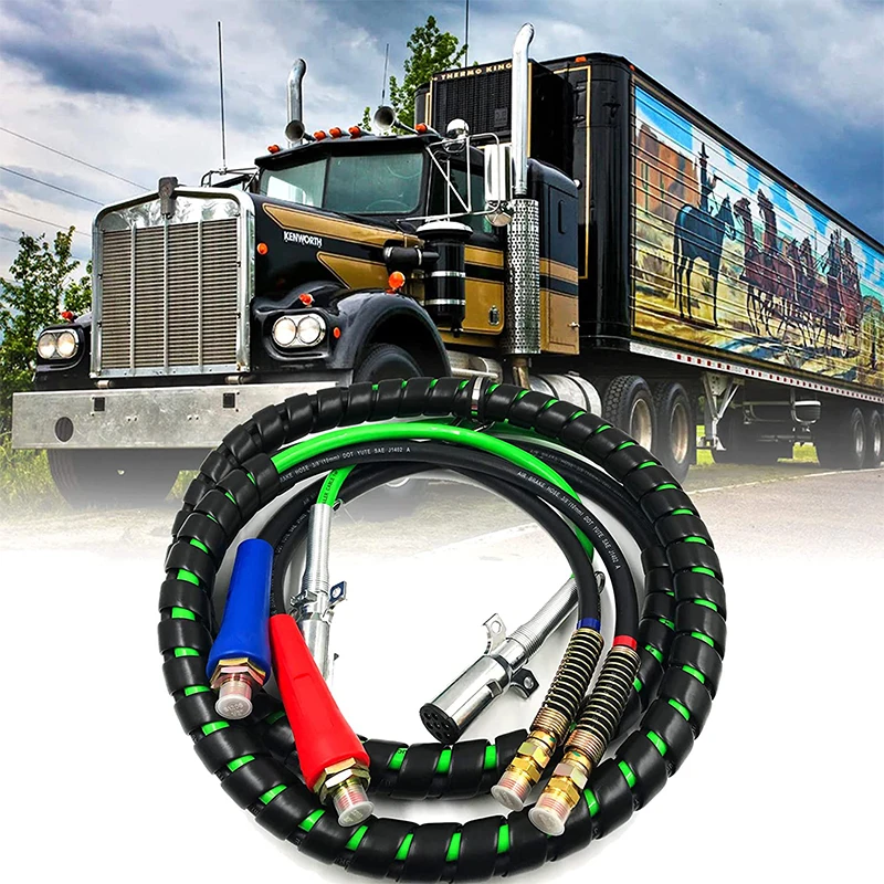 15ft 3 in 1 ABS & Power Air Line Hose Wrap 7 Way Electrical Cable Assembly with Handle Grip for Semi Truck Trailer Tractor