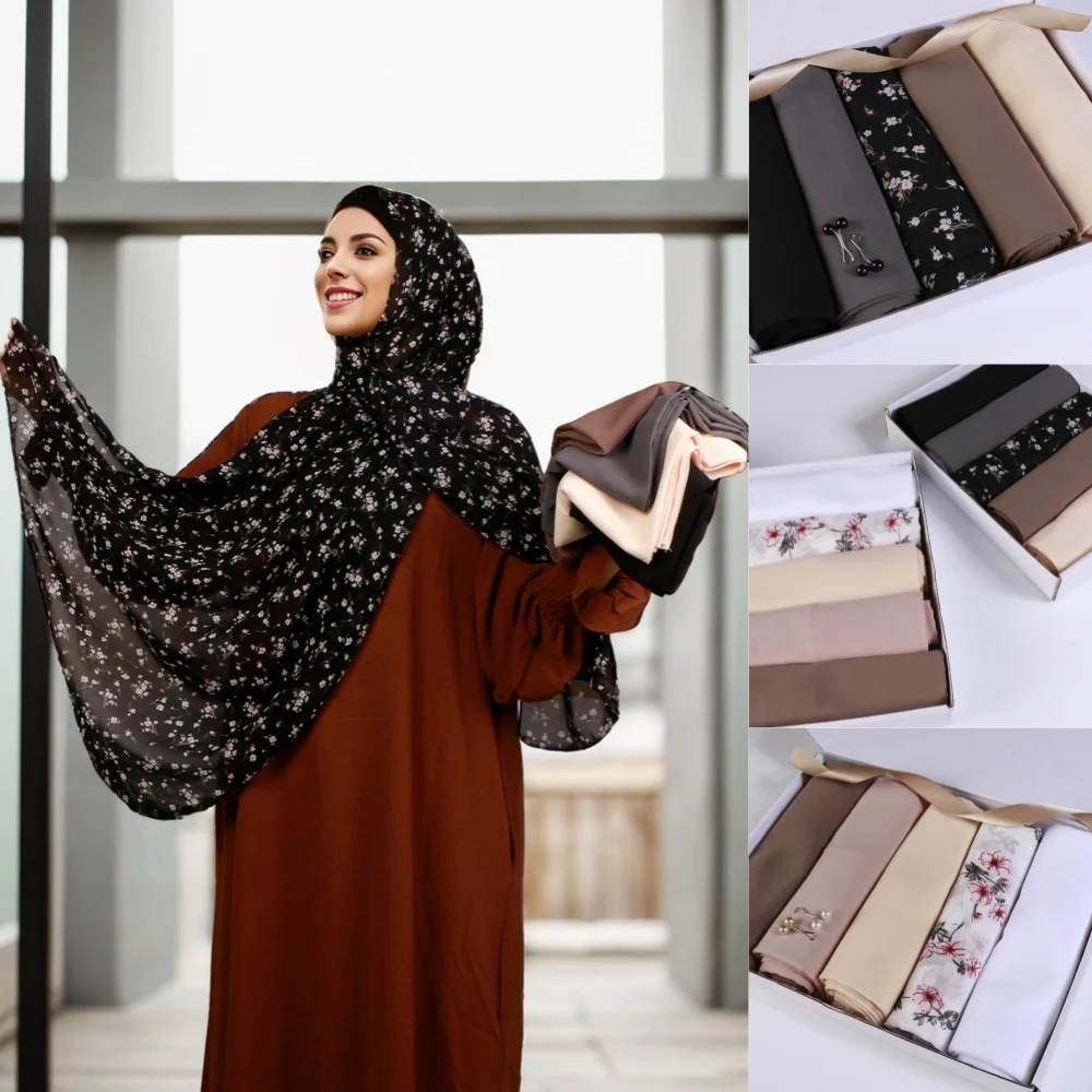 Wholesale 5pcs/set Plain Chiffon Printed Chiffon Scarf Long Muslim Shawl Soft Chiffon Turban Foulard Headband for Women Gift Box