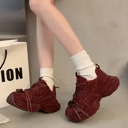 2025 Women's Ins Super Fire Rhinestone Full Diamond Straps Casual Burgundy Niche Design Handsome Platform Sneakers Dad Shoes