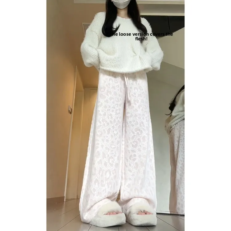 กางเกงลายเสือดาวสีชมพูหวานสไตล์เกาหลีสำหรับผู้หญิง ฤดูใบไม้ร่วง ฤดูหนาว รุ่นใหม่ ทรงหลวม ช่วยพรางหุ่น กางเกงลำลองเอวสูง ยางยืด