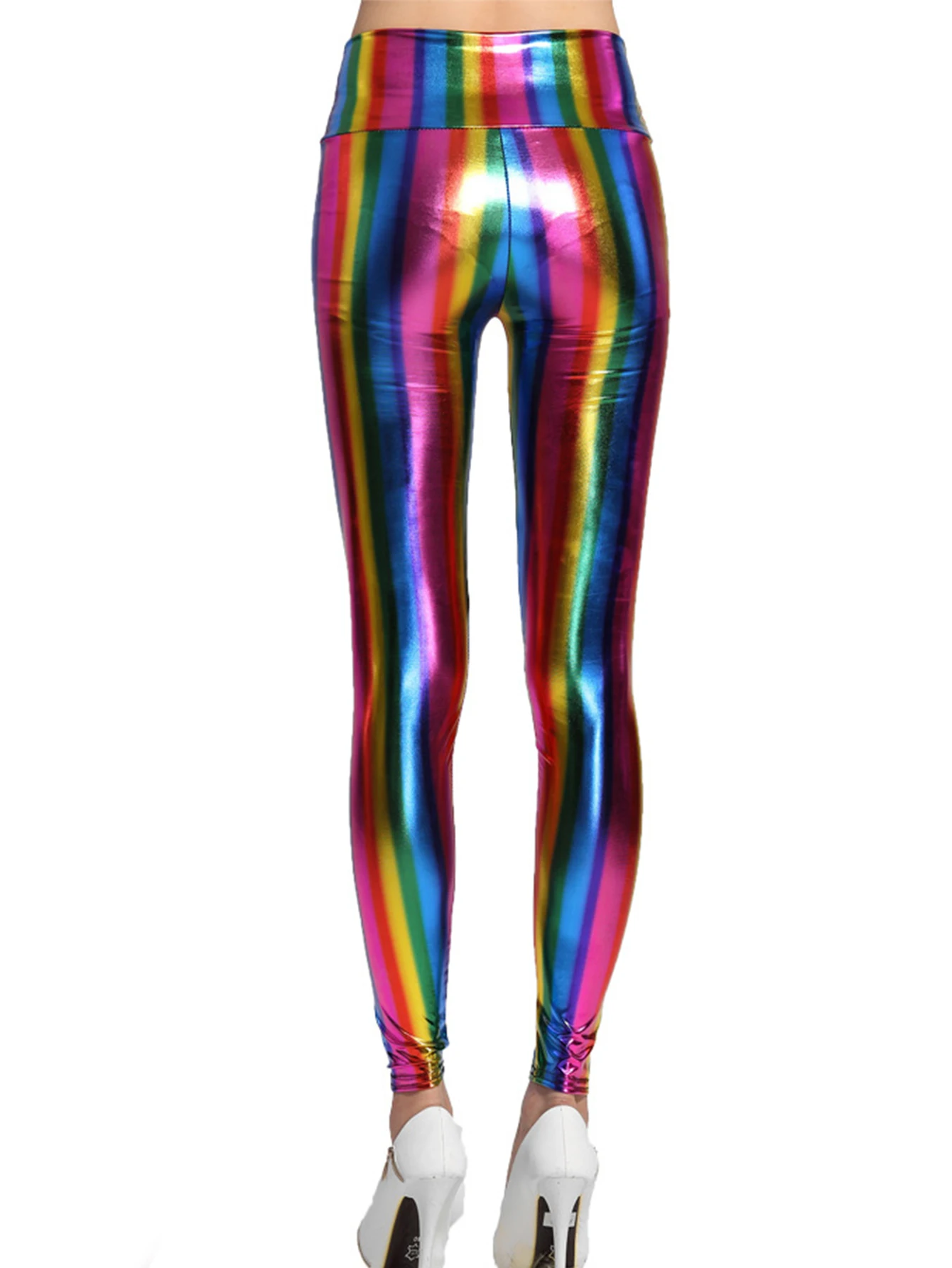 Europe And The United States New Sexy Ladies Rainbow Hot Gold Imitation Leather Leggings Striped High-waisted Tights Women