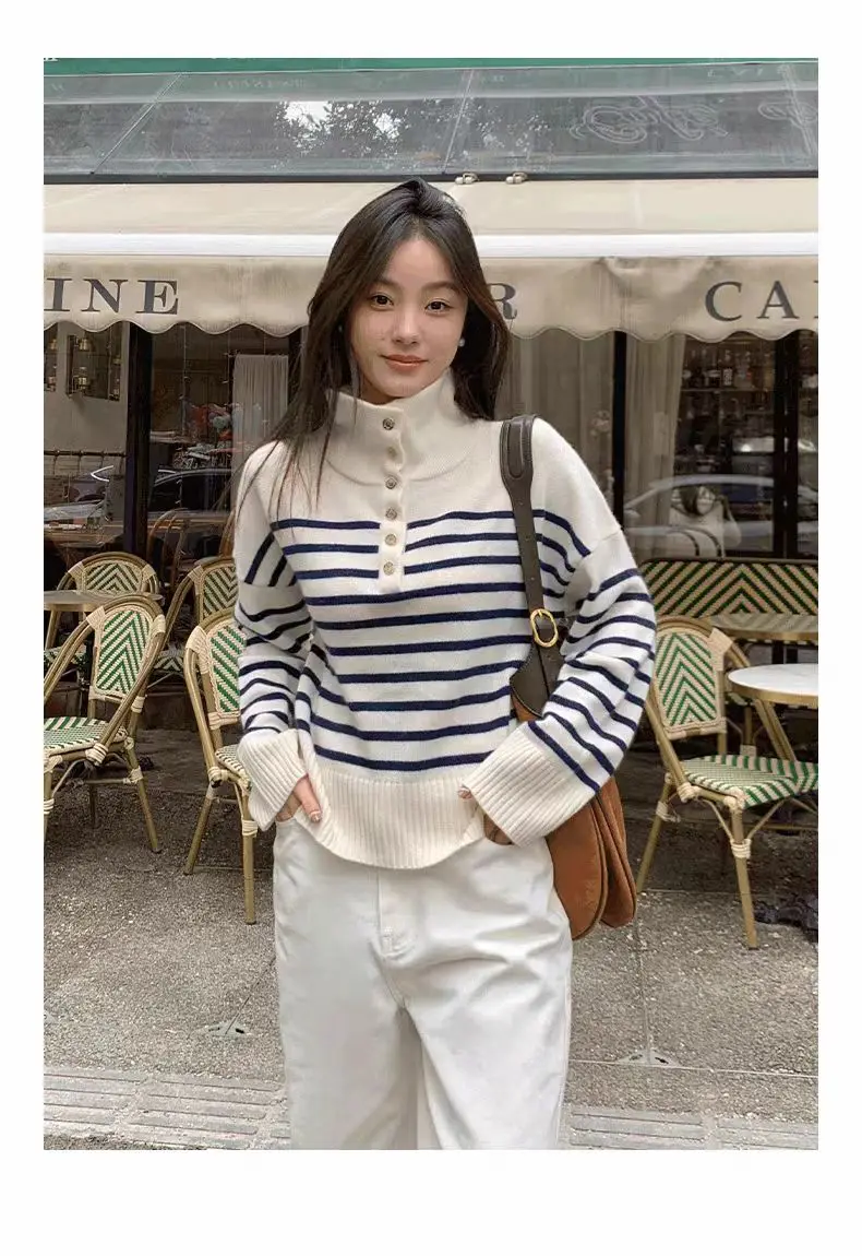 

French blue and white striped polo collar knit sweater for women with loose and fashionable long sleeves