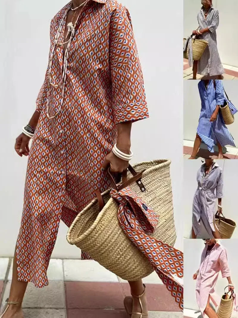 Vestido tipo cárdigan con abertura y botones estampados, estilo urbano, cintura hoada, manga larga, vestido largo tipo c...