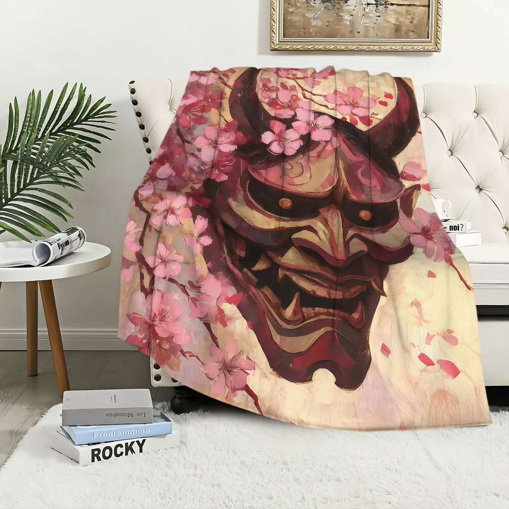 Japanese Samurai Mask Hannya Blanket Flannel warm comfort soft plush blanket For Picnic Beds Sofas Homes And Bedrooms
