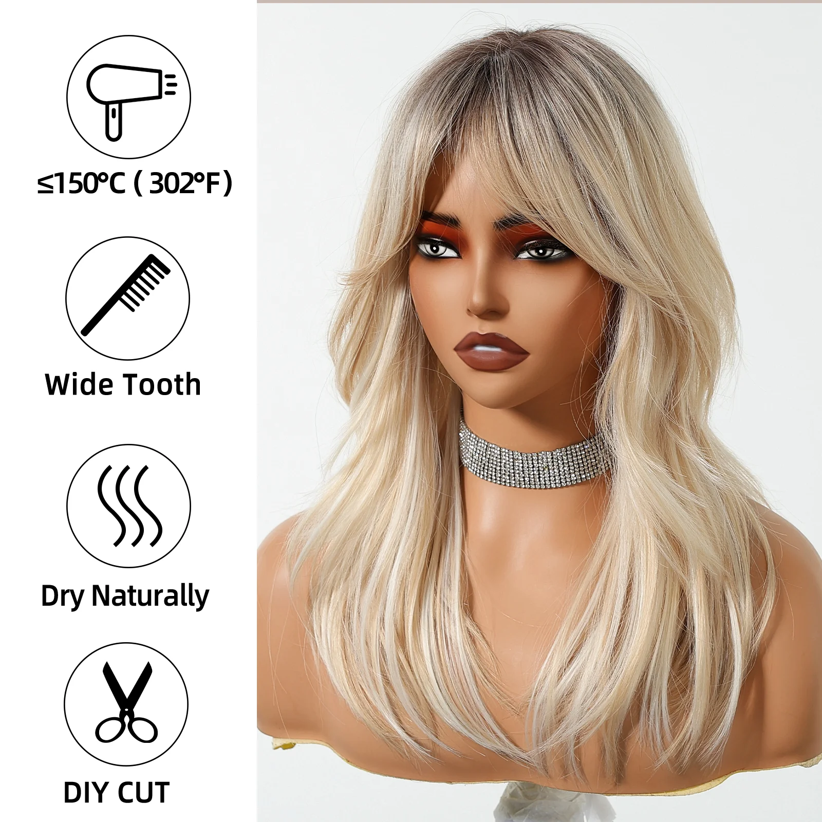 Ombre Blonde Mixed Platinum Synthetic Wig with Eight-character Bangs for Women Natural Layered Straight Wig Cosplay Lolita Wig