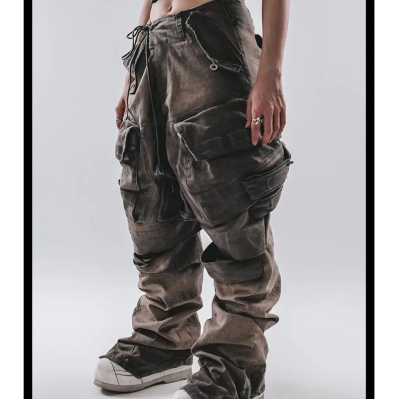 

Niche Designer Wasteland Techwear Style Wear Washed and Worn Stitching Overalls Trousers for Men and Women