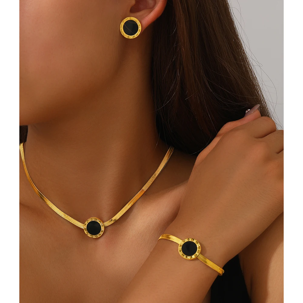 DGIDDK Stainless Steel Simple Roman Numerals Black Round Pendant Flat Snake Chain Necklace Bracelet Earrings Women's Jewelry Set