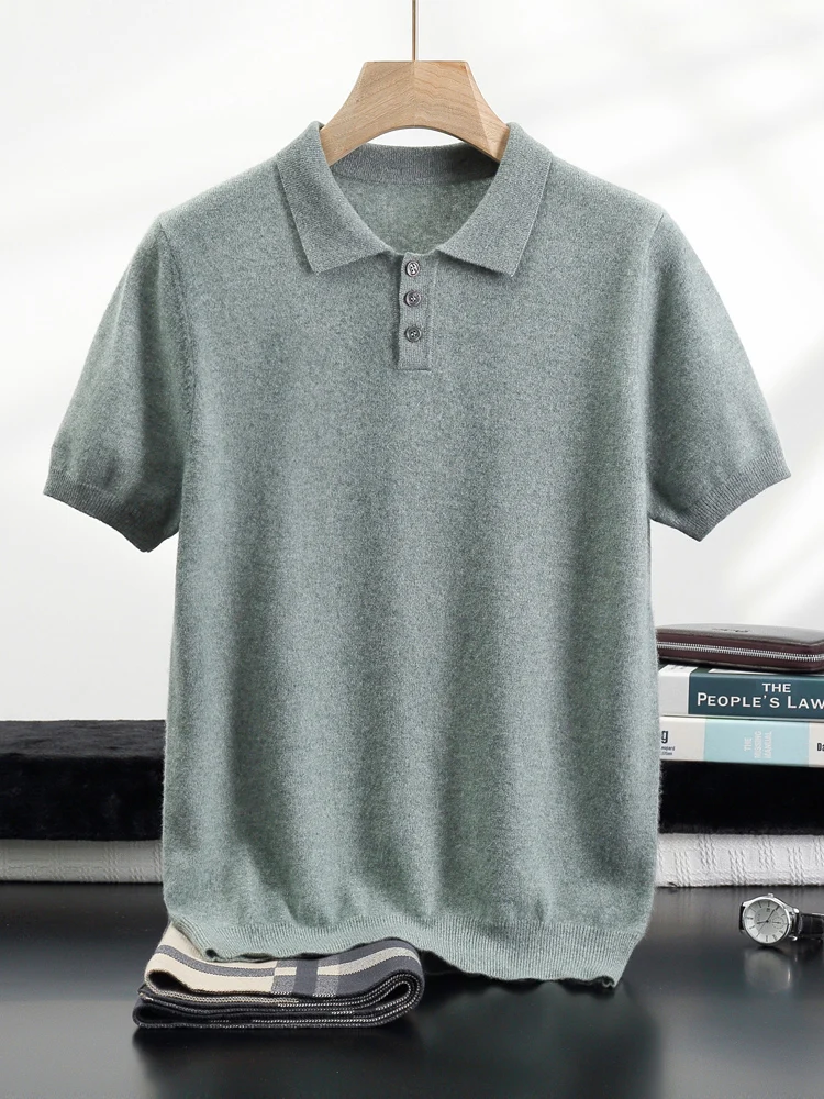 Spring Summer Men's Cashmere T-shirt Polo Collar Pullovers Smart Casual Short Sleeve Sweater 100% Cashmere Knitwear Buttons Tops