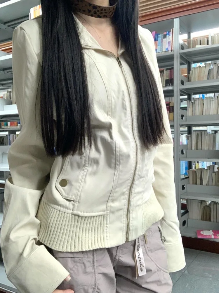 Deeptown Vintage Y2k Cropped Jackets Women Harajuku Streetwear Retro 2000s Basic Zipper Coat Long Sleeve Outerwear Grunge 90s