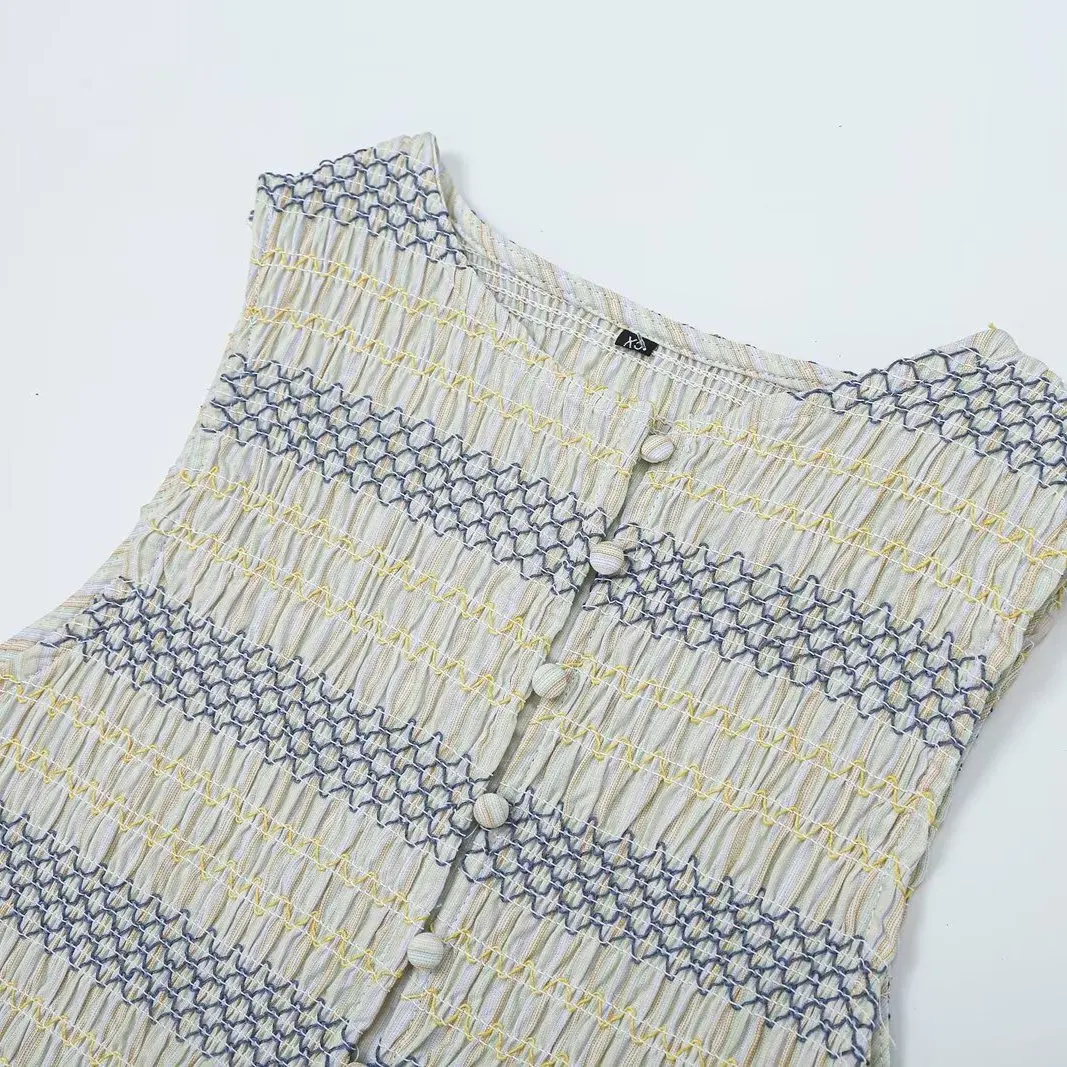 KASLEAD Women's Embroidered Honeycomb Pattern Design Top H-Shape Vest Short Length Single Button Closure Polyester Fiber
