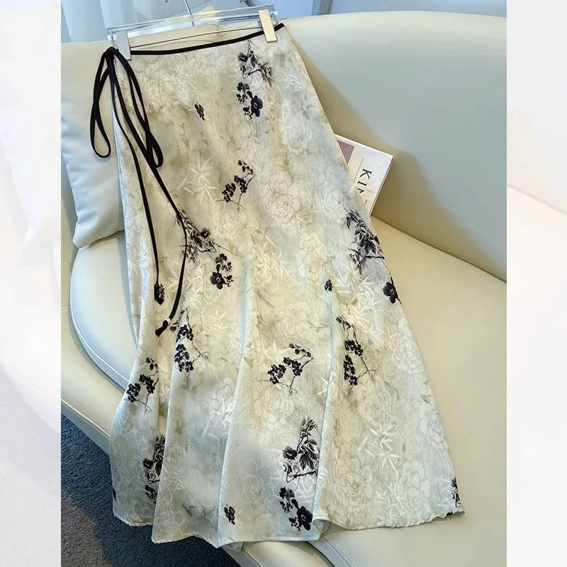 New Chinese Style National Trend Elegant Umbrella Skirt Women's Mid-Length Slim Print Skirt Fashionable Women Half Body Skirt