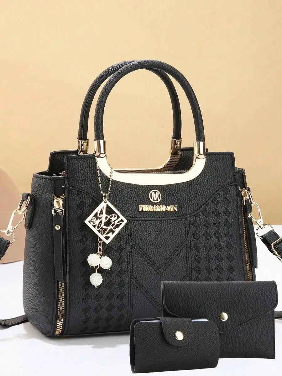 

Embroidered Tote with Detachable Strap - Elegant Gold Hardware Handbag